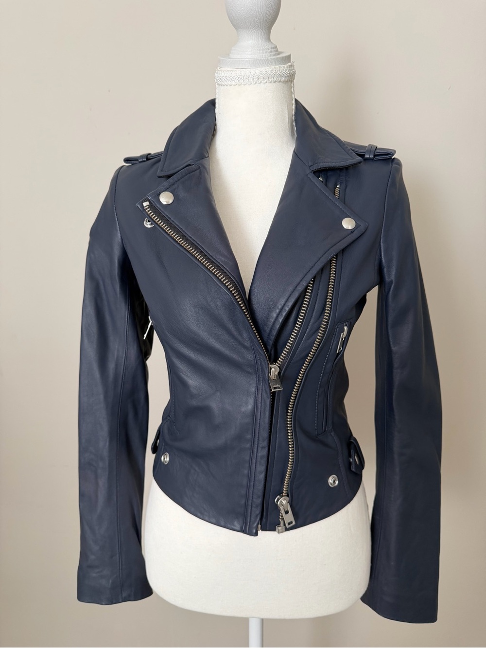 IRO Navy Asymmetrical Leather Moto Jacket